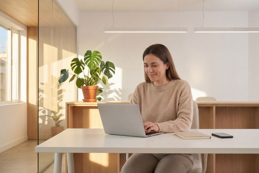 business woman doing invoicing on laptop sitting in office